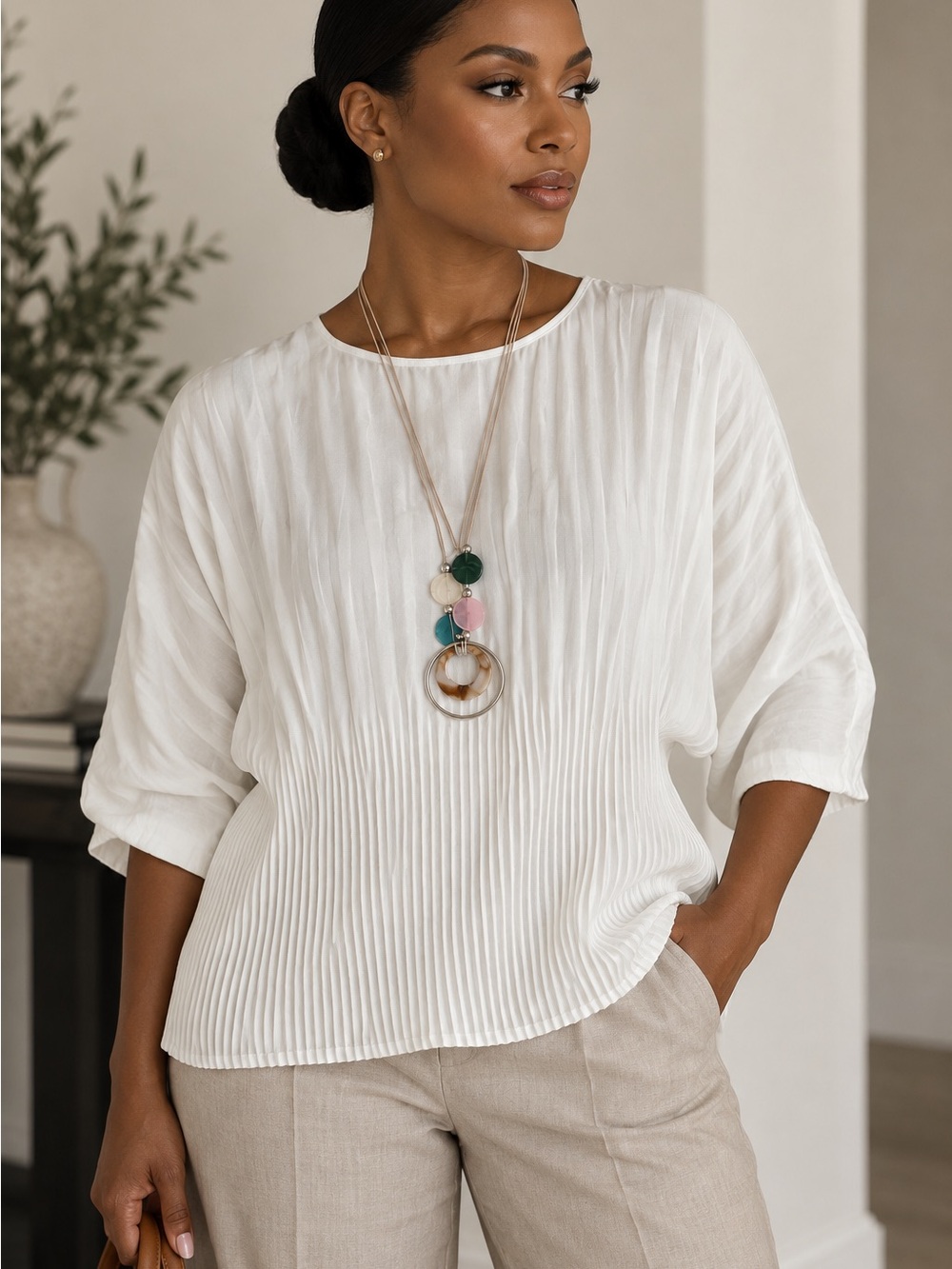 Women’s White Pleated Blouse - Elegant Everyday Top